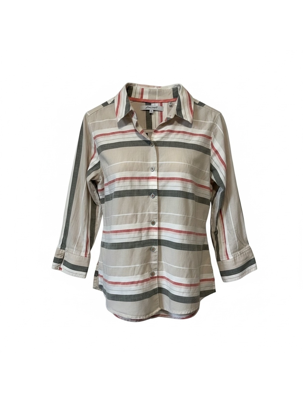 Foxcroft Women's 3/4 Sleeve Button-Up Shirt Size 6P Beige Striped Cotton Linen
